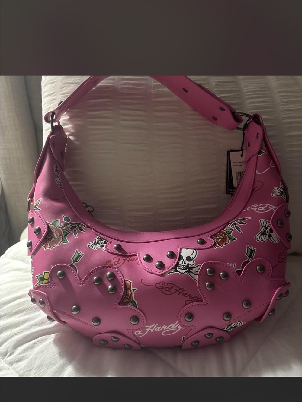 Ed Hardy Hot Pink Studded Heart Shoulder Bag